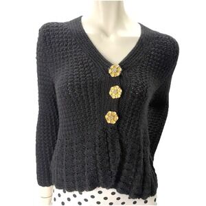 Vintage Black Fuzzy V-Neck Handmade Cardigan Peplum Yellow Flower Buttons Medium